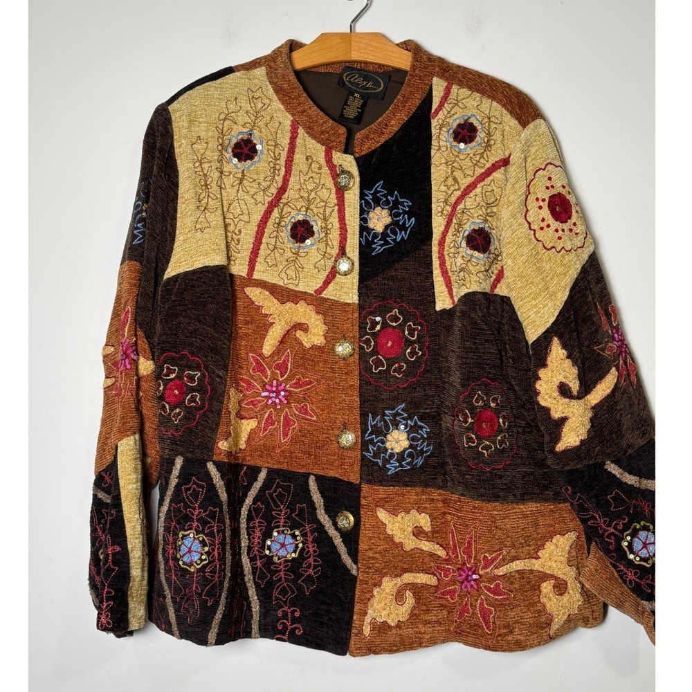 Alex Kim VTG‎ Patchwork Art to Wear Jacket XL Embroidered Sequins Eclectic Boho